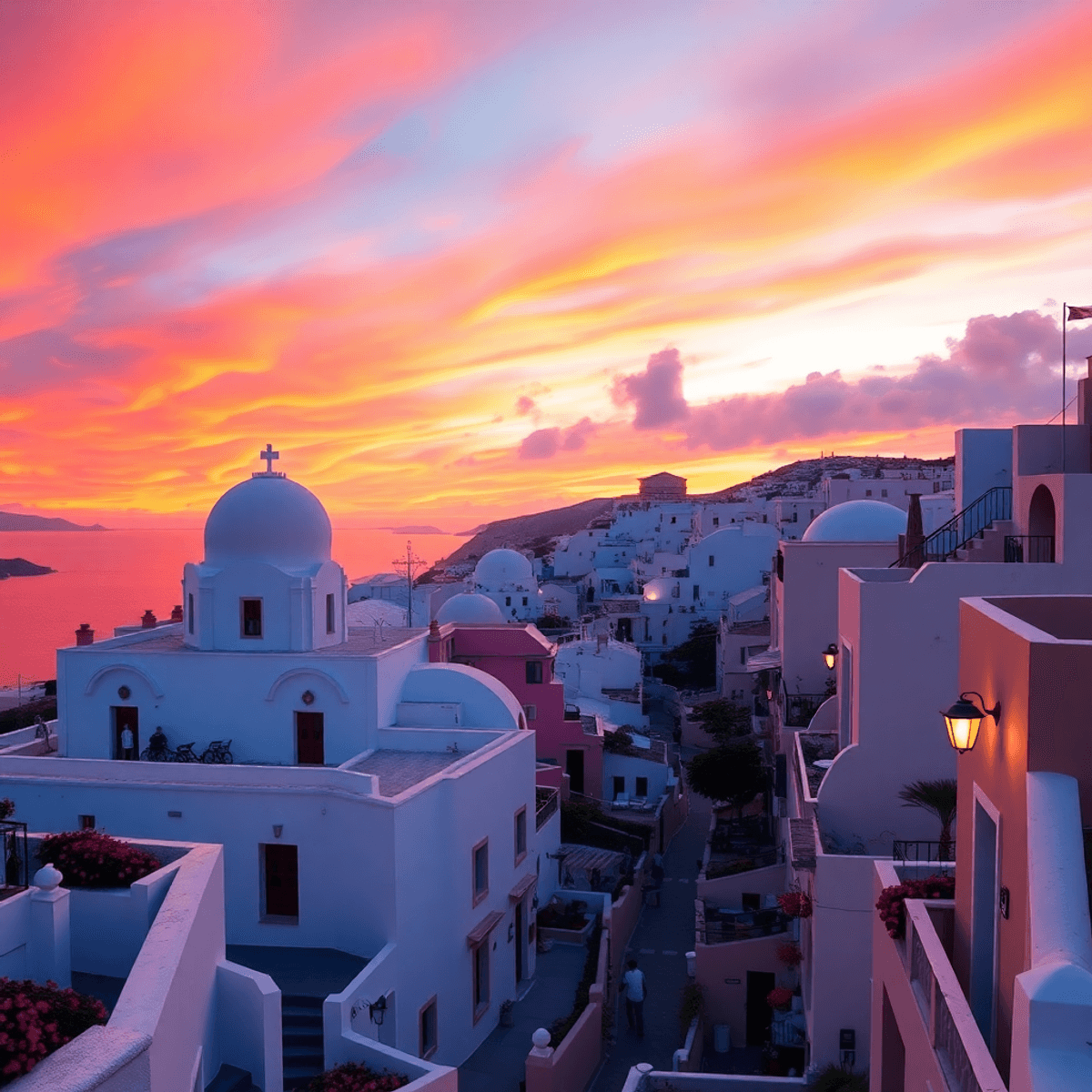 A breathtaking sunset over Oia, Santorini, with vibrant orange and pink skies illuminating white buildings and narrow streets lined with luxury hotels.