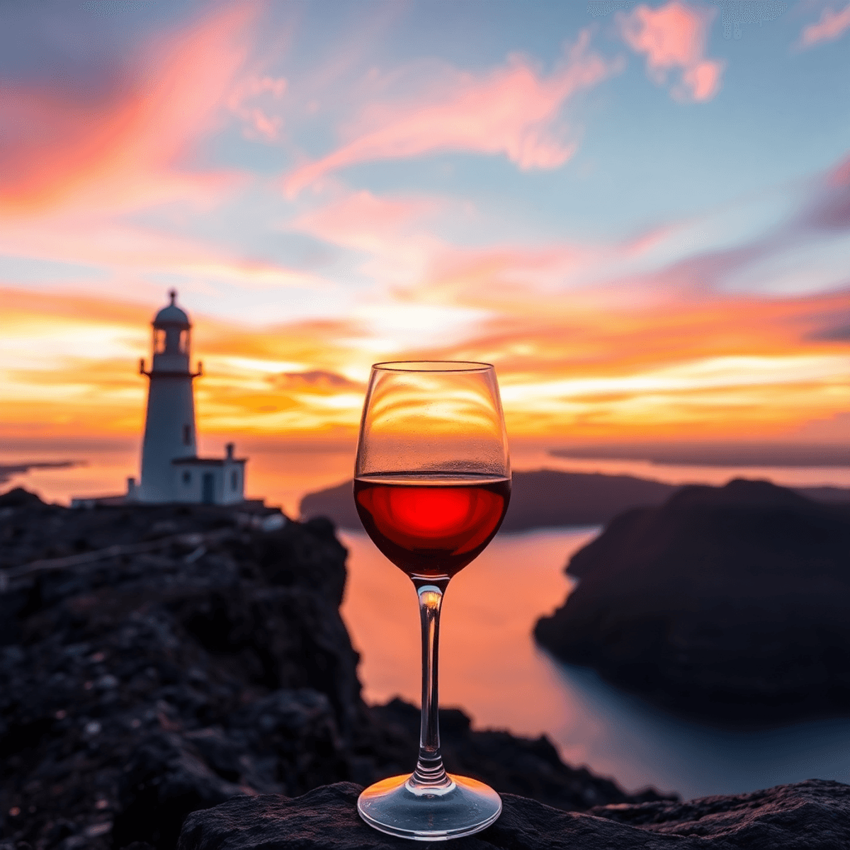 A picturesque lighthouse stands on a rugged coastline at sunset, with vibrant sky colors reflecting in the water, and a glass of wine placed in the foreground.