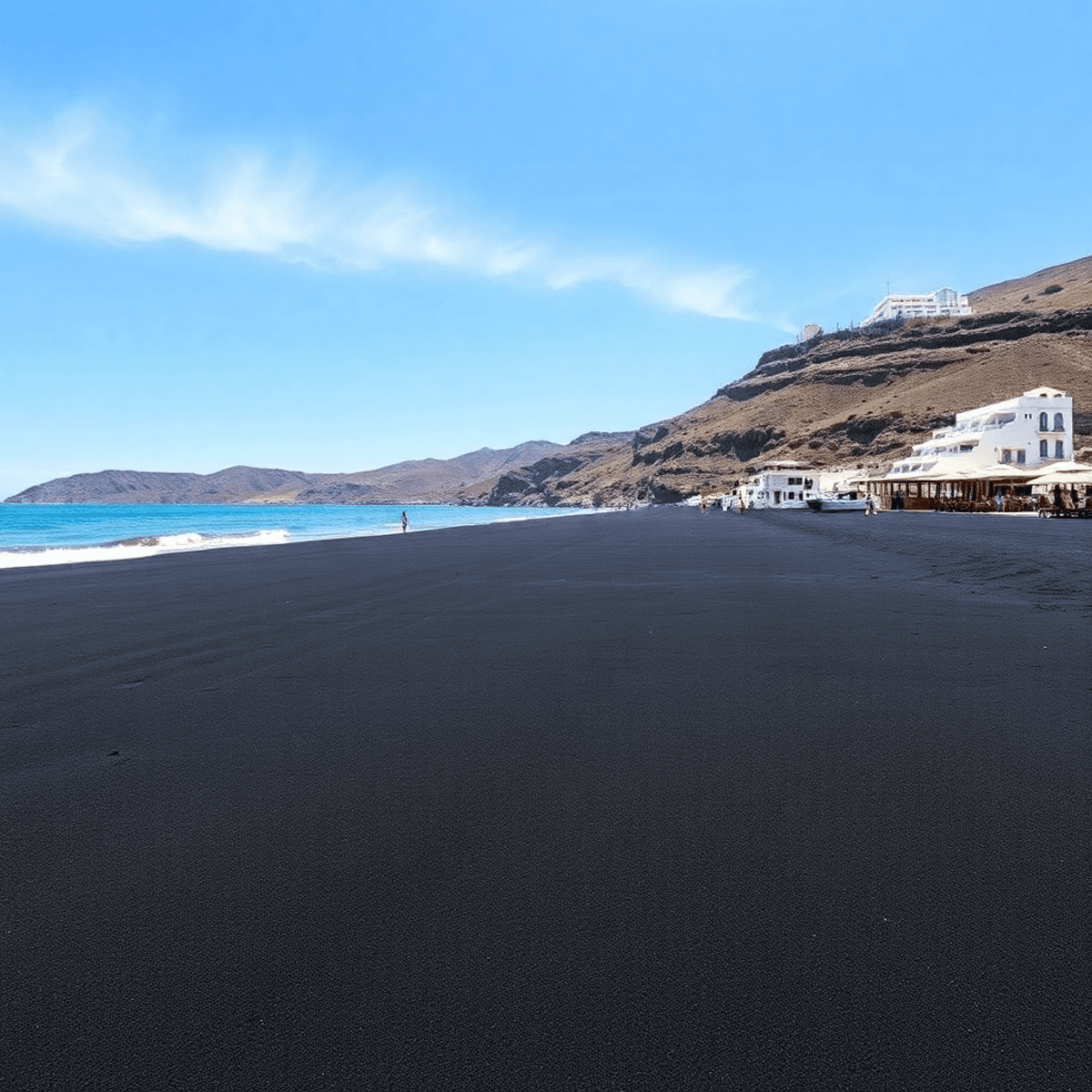 A picturesque view of Kamari Beach in Santorini, featuring black sand, clear blue waters, beach bars, and a bright sunny sky, capturing the lively coastal atmosphere.