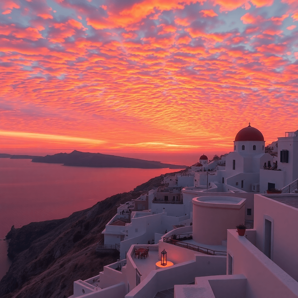 A stunning sunset over Oia, Santorini, with vibrant orange and pink hues illuminating whitewashed buildings against a serene landscape.