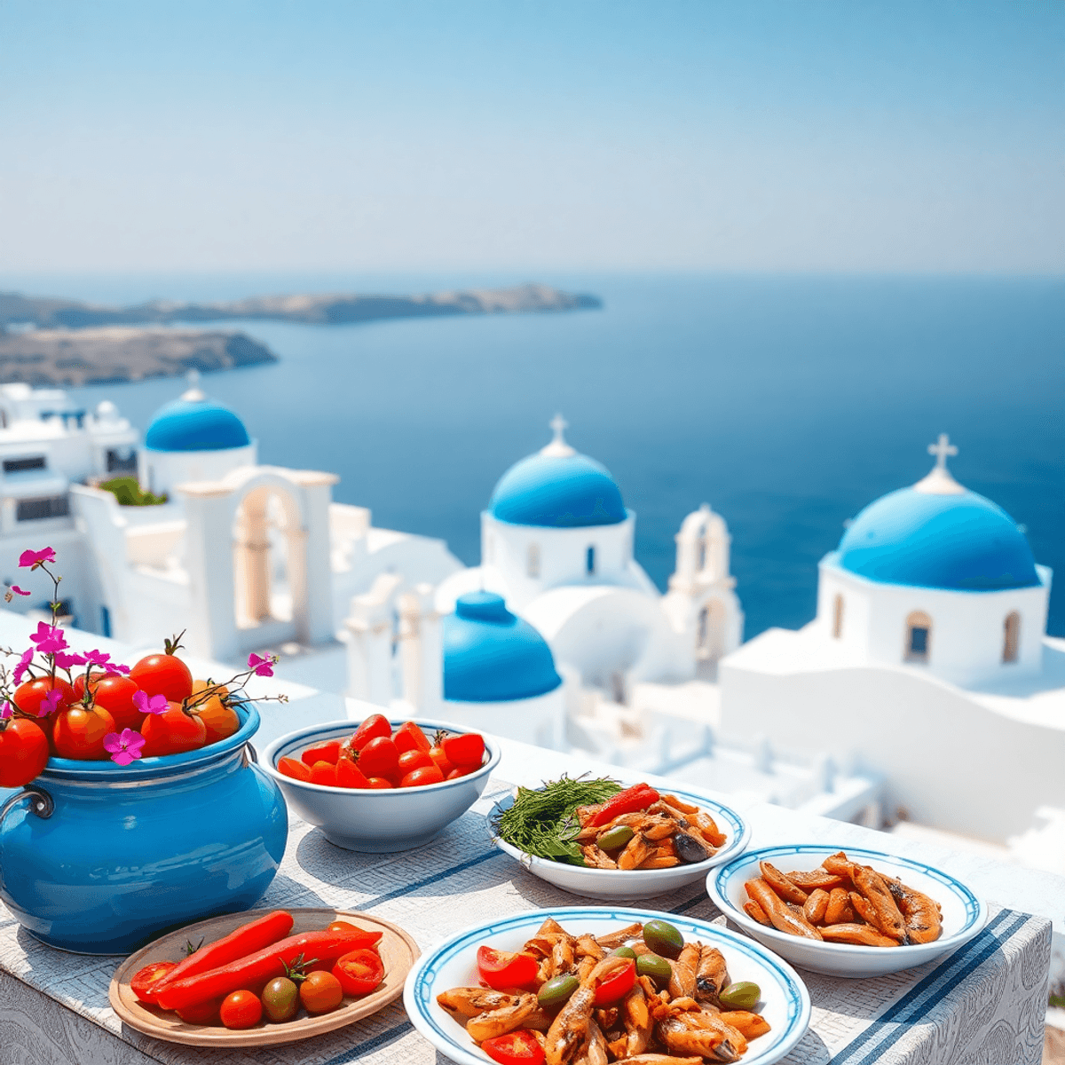 A vibrant Santorini landscape with a table set for a meal, featuring colorful Greek dishes, fresh ingredients, and a backdrop of white-washed buildings and blue domes.