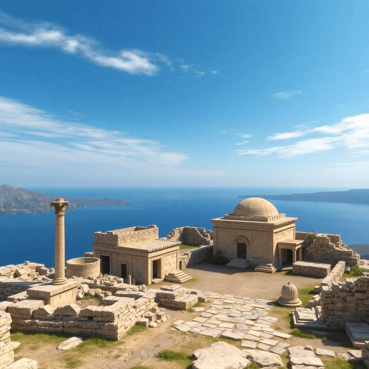 Ancient ruins of Akrotiri with well-preserved structures and artifacts, set against a vibrant Aegean landscape under clear blue skies, evoking adventure and history.