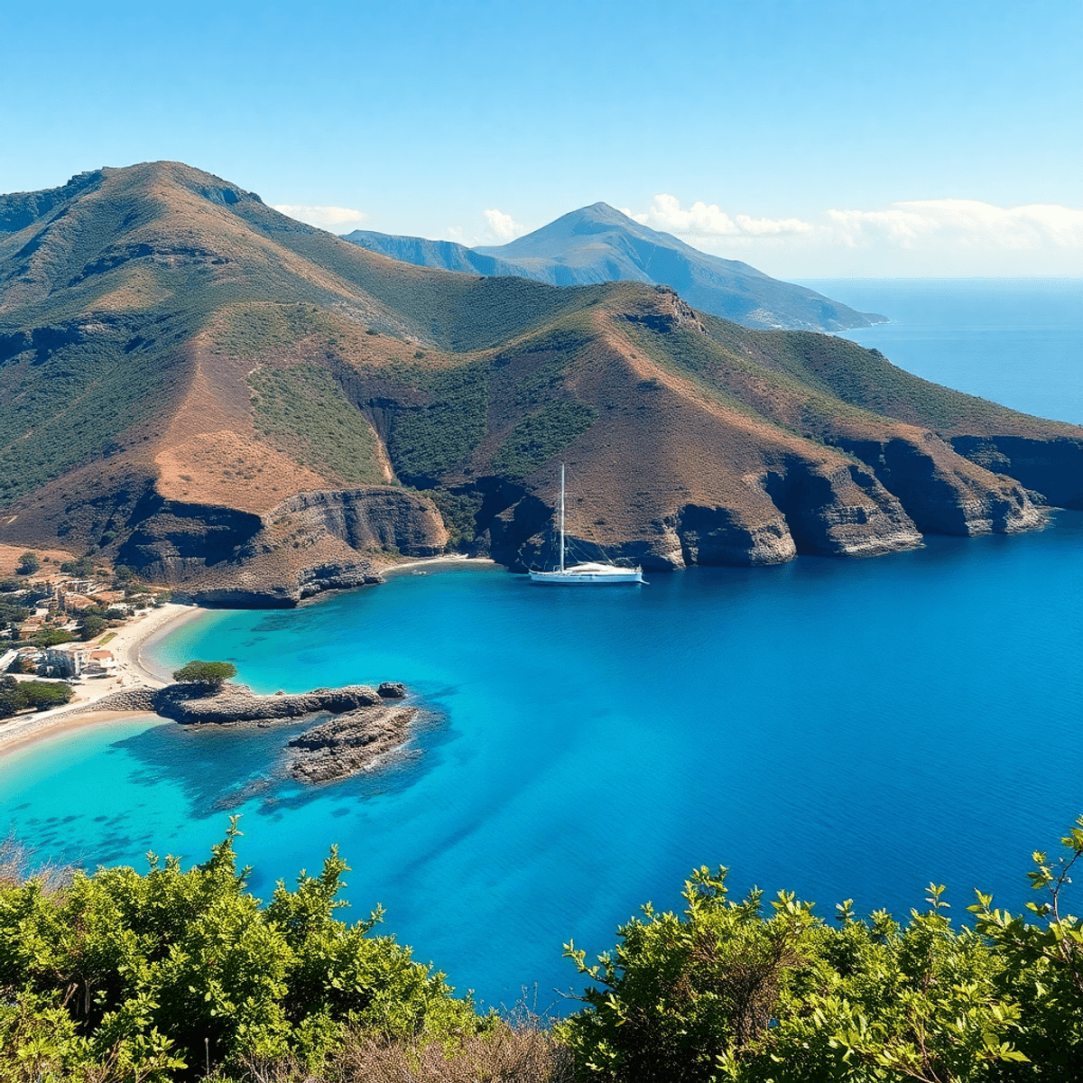 A stunning view of the Aeolian Islands featuring a volcanic landscape, lush greenery, vibrant vineyards, and crystal-clear waters along a picturesq...