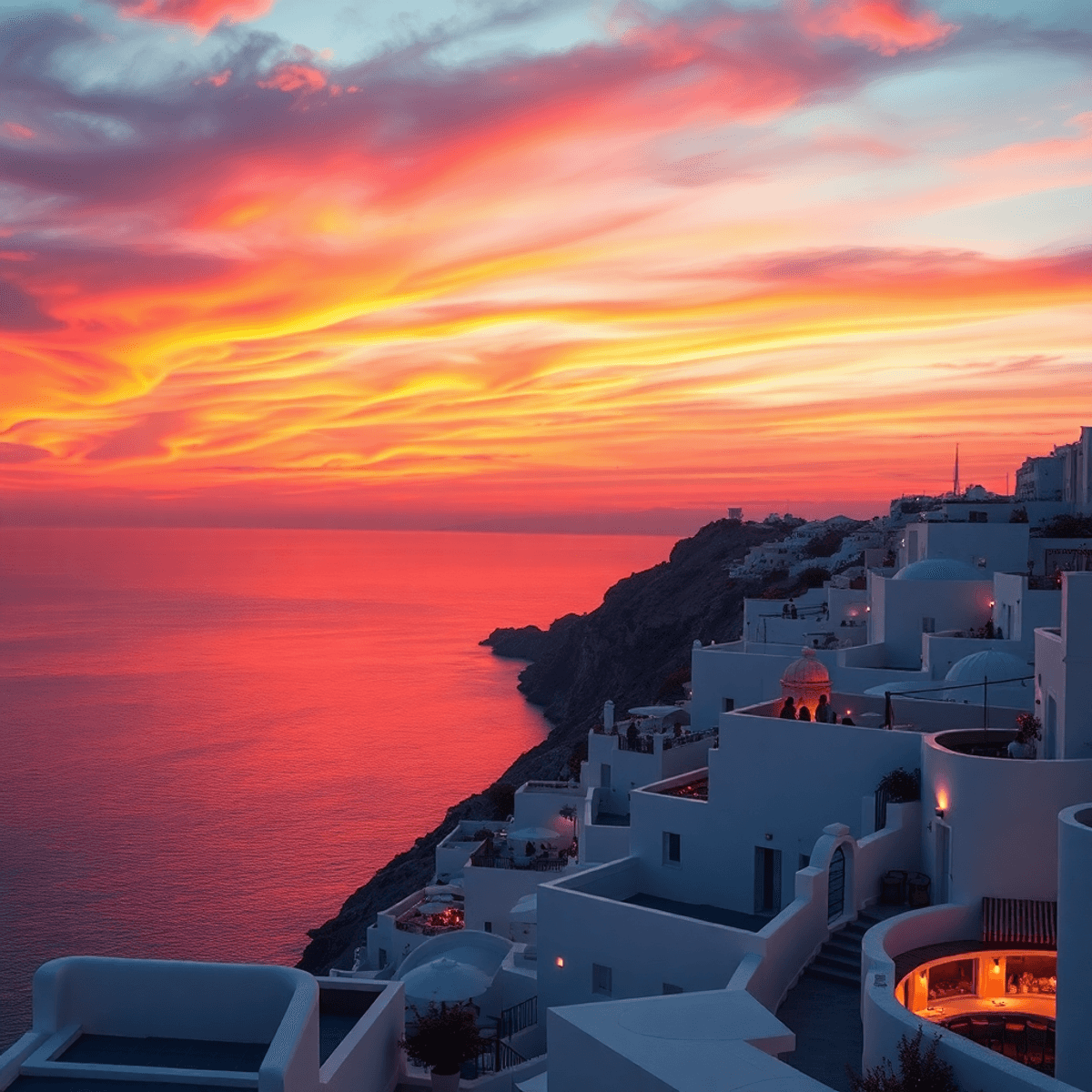 A vibrant sunset over Santorini, highlighting white-washed buildings, the blue Aegean Sea, and soft glowing lights from lively nightlife in the bac...