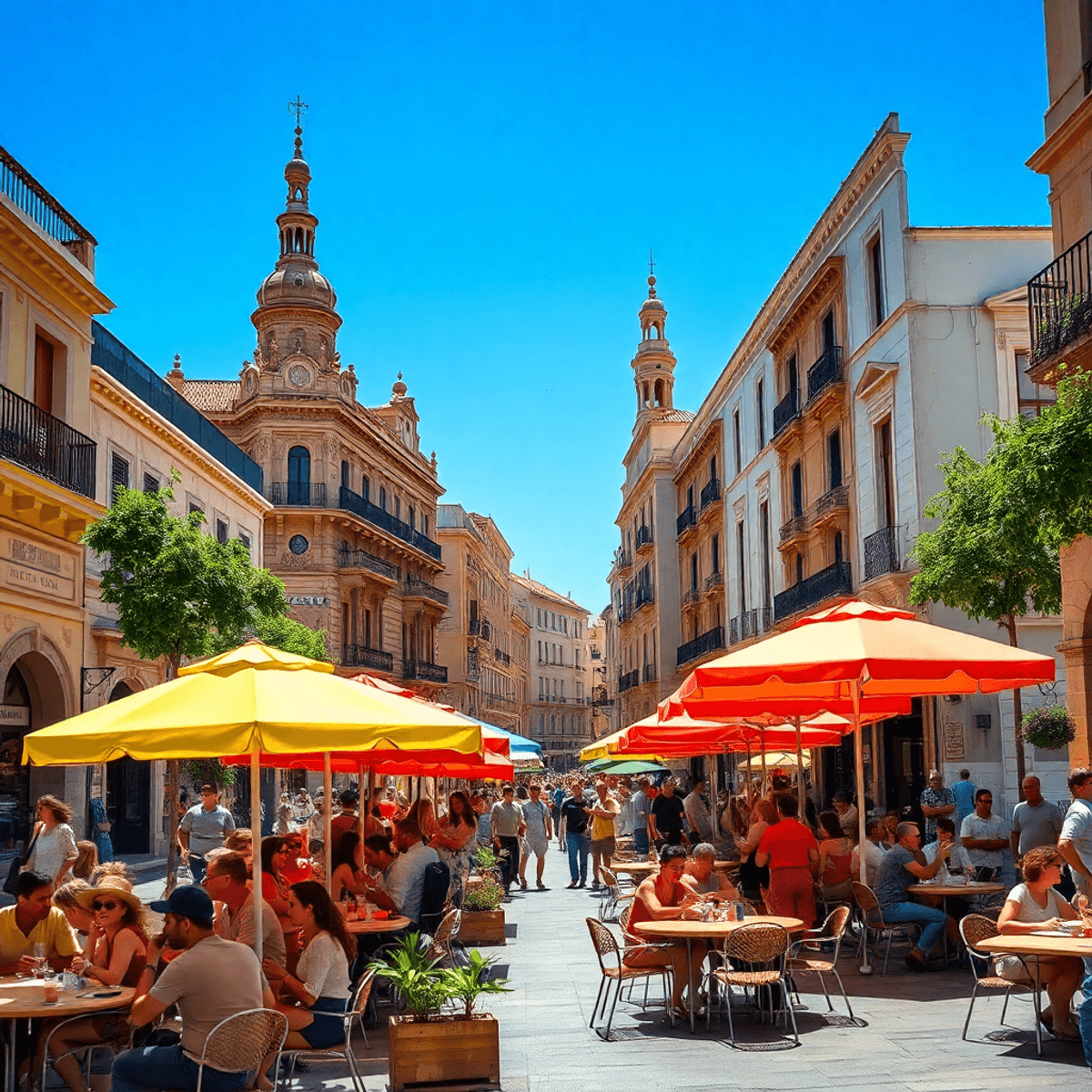 A bustling Valencia street scene in August, featuring outdoor cafés under colorful umbrellas, people enjoying refreshments, and historic architectu...