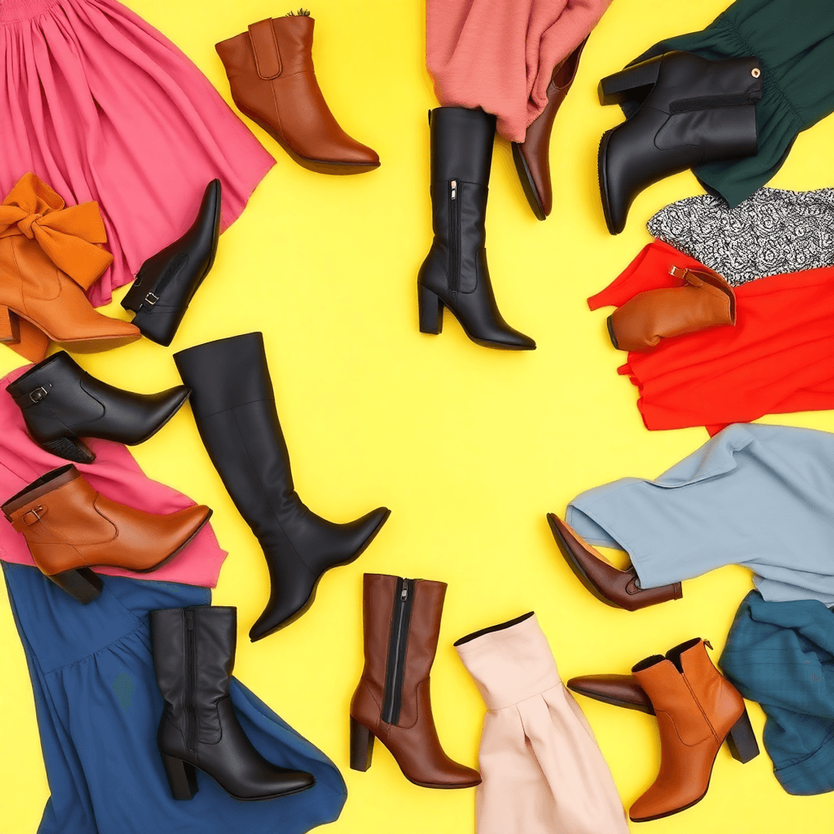 A stylish flat lay featuring various women's boots and colorful dresses against a bright background, showcasing diverse textures and patterns.