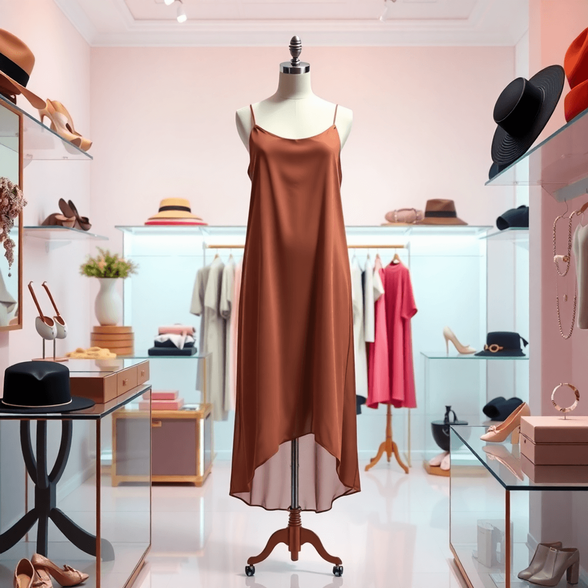 A stylish slip dress on a mannequin in a chic boutique, surrounded by elegant accessories like hats and jewelry, set against a soft pastel background.