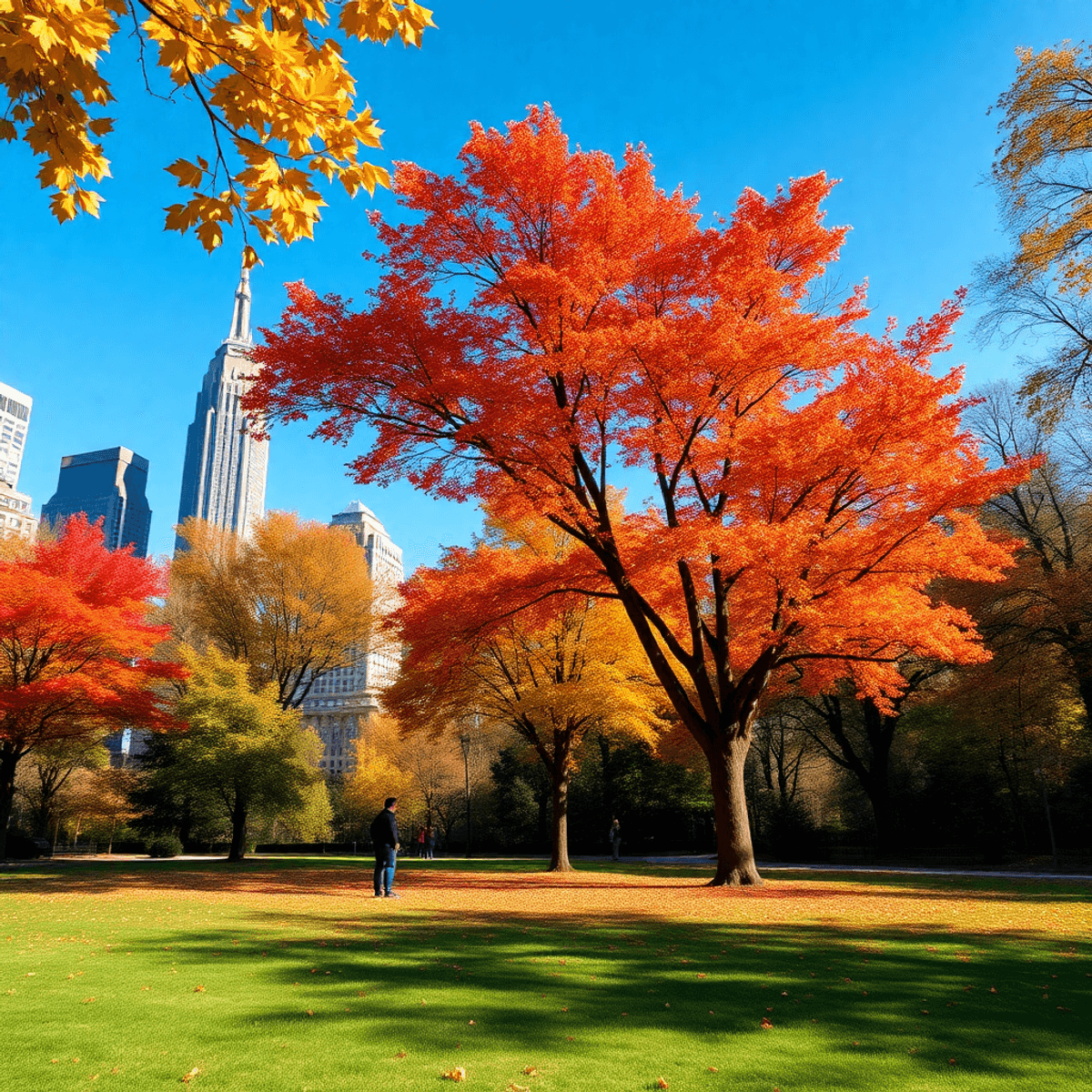 A vibrant New York City park in October, filled with orange, red, and gold fall foliage under a clear blue sky, with scattered leaves on the ground.