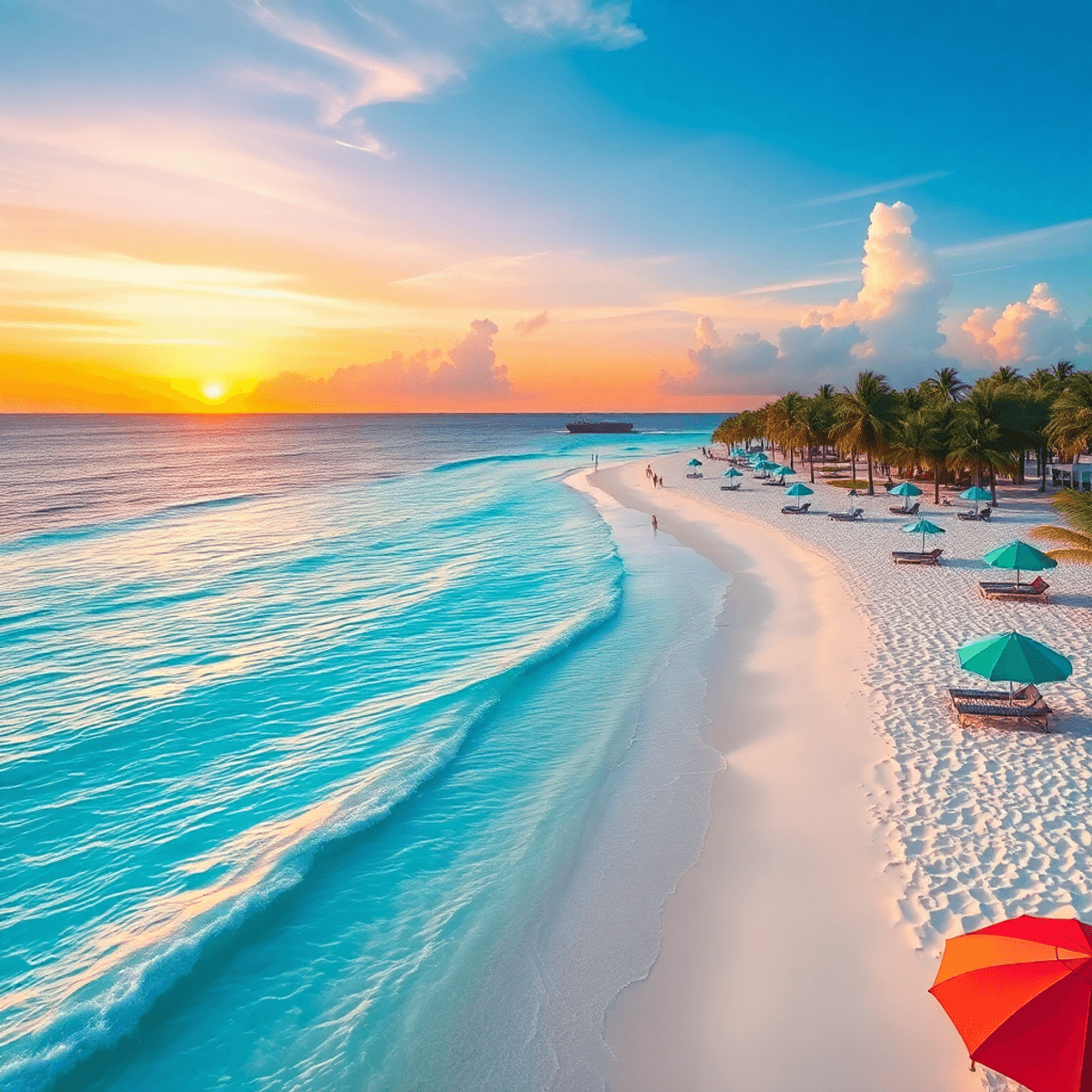 A vibrant beach scene in Cancun with turquoise waters, white sand, palm trees, colorful beach umbrellas, and a stunning sunset, evoking relaxation ...