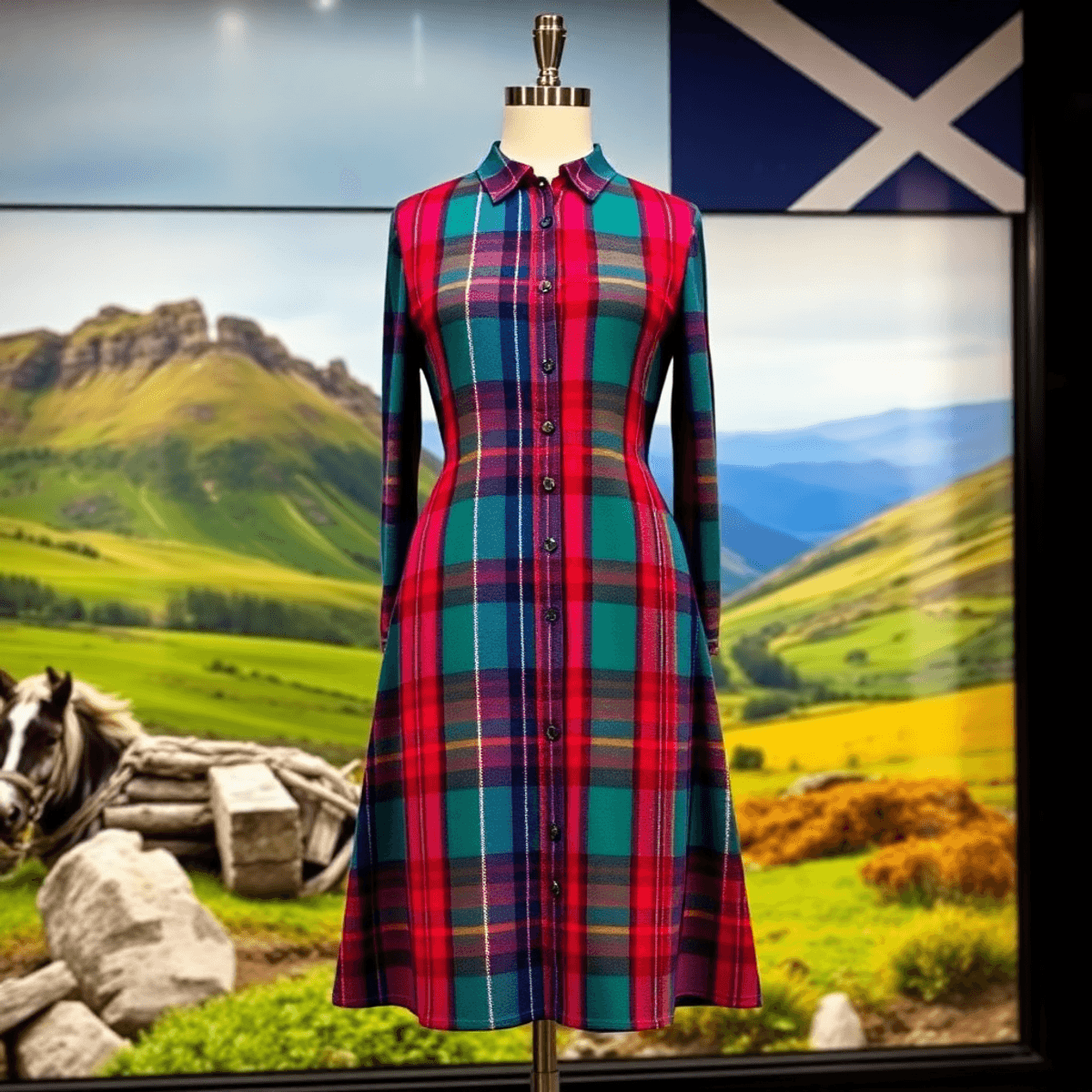 A vibrant tartan dress displayed on a mannequin against a picturesque backdrop, featuring elements of Scottish culture and traditional motifs.