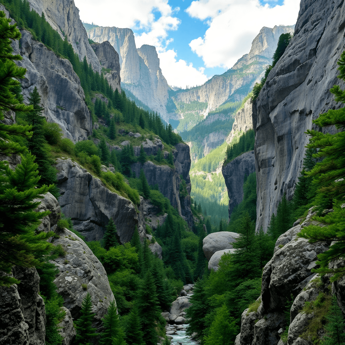 A breathtaking view of Flume Gorge with towering granite walls, glacial boulders, and lush greenery, inviting exploration of the stunning natural l...