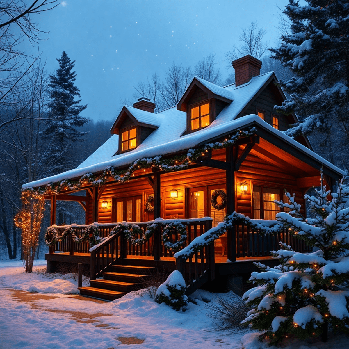 A cozy cabin in a snowy landscape, adorned with twinkling holiday lights and festive decorations, radiates warmth as snow gently falls around it.