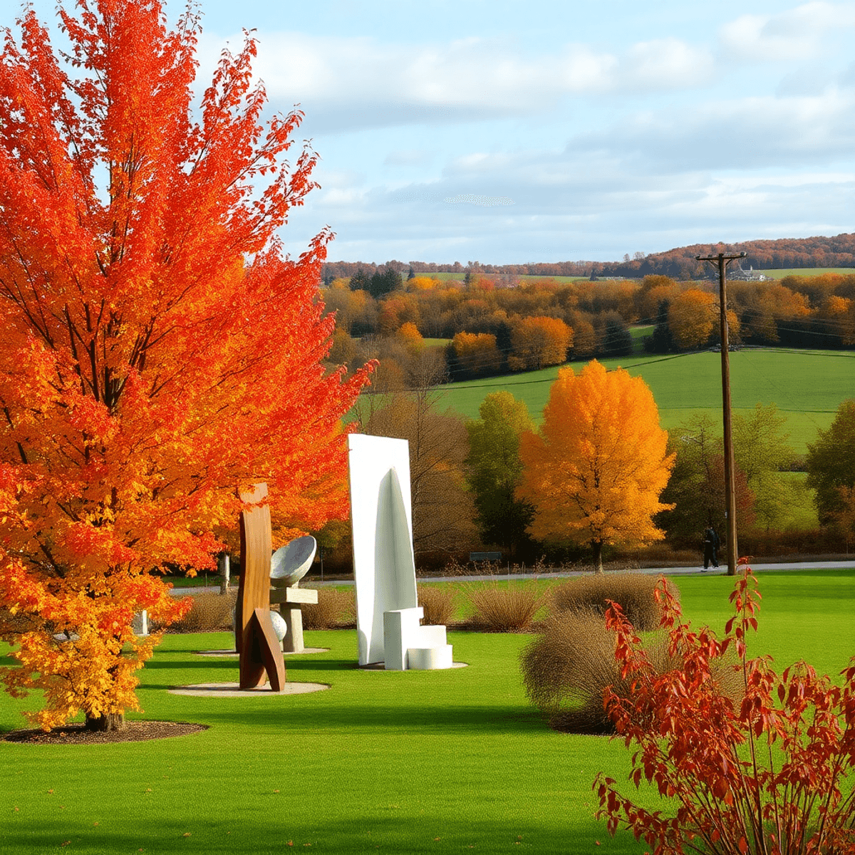 A scenic outdoor sculpture park in autumn, showcasing colorful fall foliage and contemporary sculptures amidst vibrant trees, rolling hills, and me...