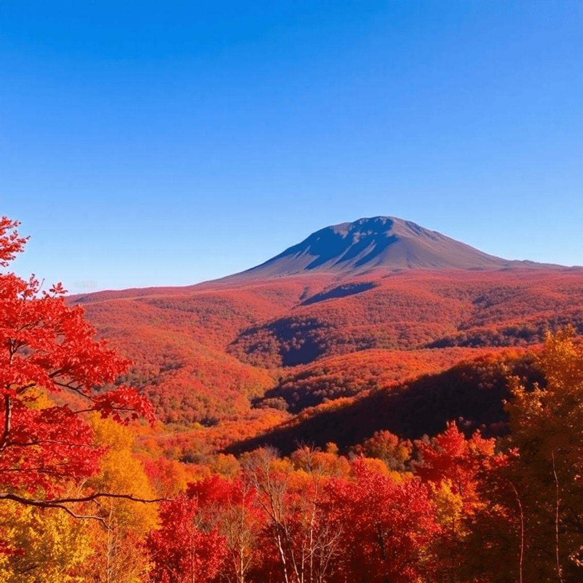 A stunning autumn landscape of Mount Monadnock, featuring vibrant red, orange, and yellow foliage under a clear blue sky, with rolling hills enhanc...
