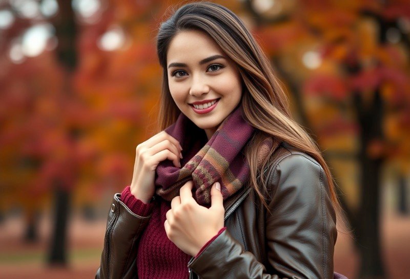 A stylish autumn outfit in burgundy, olive green, and chocolate brown, featuring denim and knitwear, with a leather jacket against a backdrop of co...