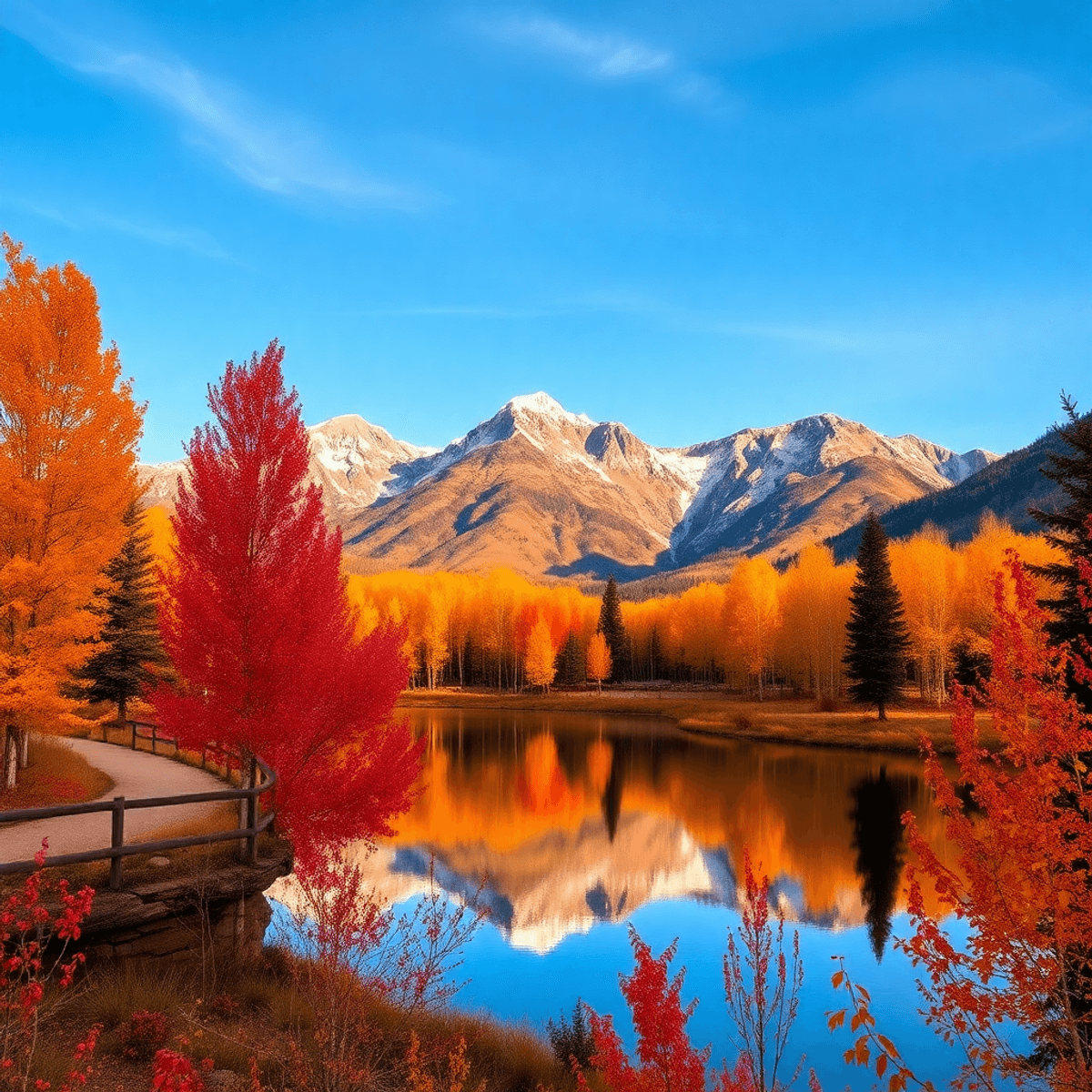 A vibrant autumn landscape in Aspen, Colorado, featuring red, orange, and gold aspen trees with the Maroon Bells mountains reflecting in a serene l...