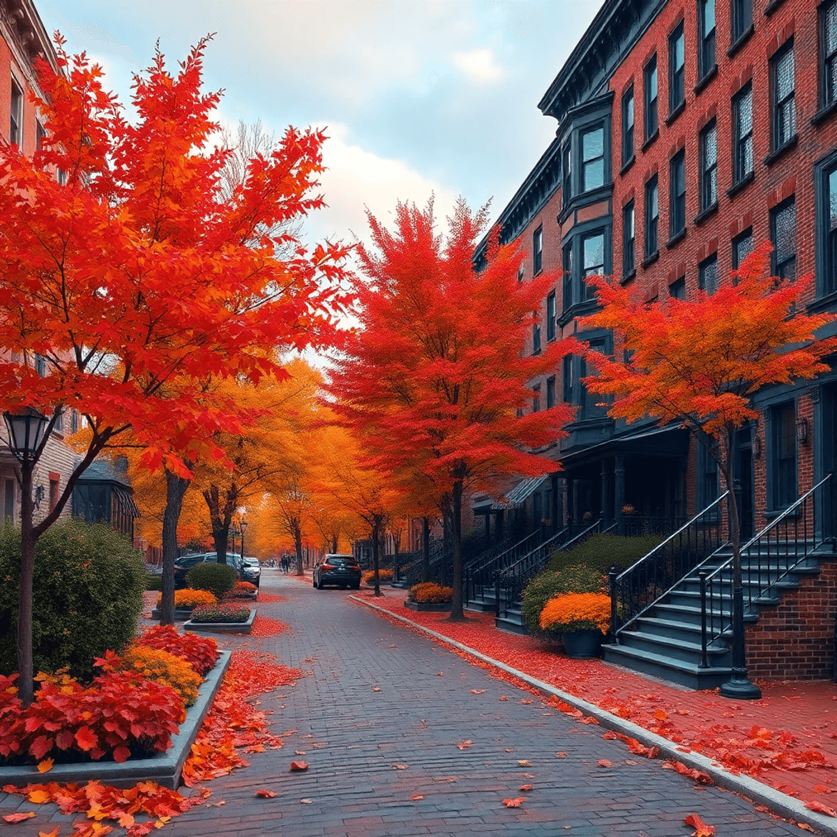 A vibrant autumn scene in Boston, showcasing colorful fall foliage, cobblestone streets, and historic brownstone buildings, evoking seasonal warmth...