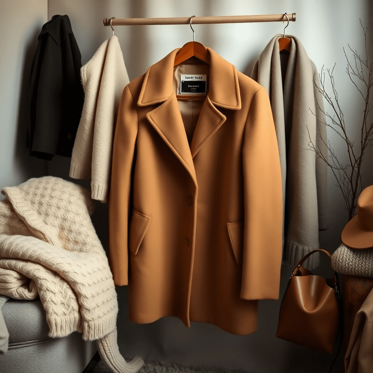 A camel wool coat hangs on a vintage wooden hanger, surrounded by soft winter fabrics and neutral-toned accessories in a warm, softly lit setting.
