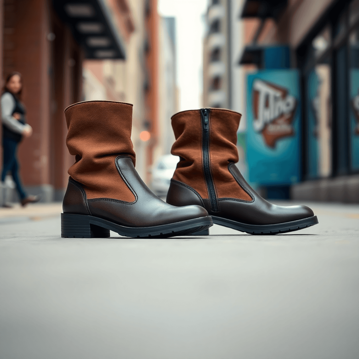 A fashionable pair of slouchy boots in focus against a blurred urban backdrop, highlighting their trendy design and comfort.