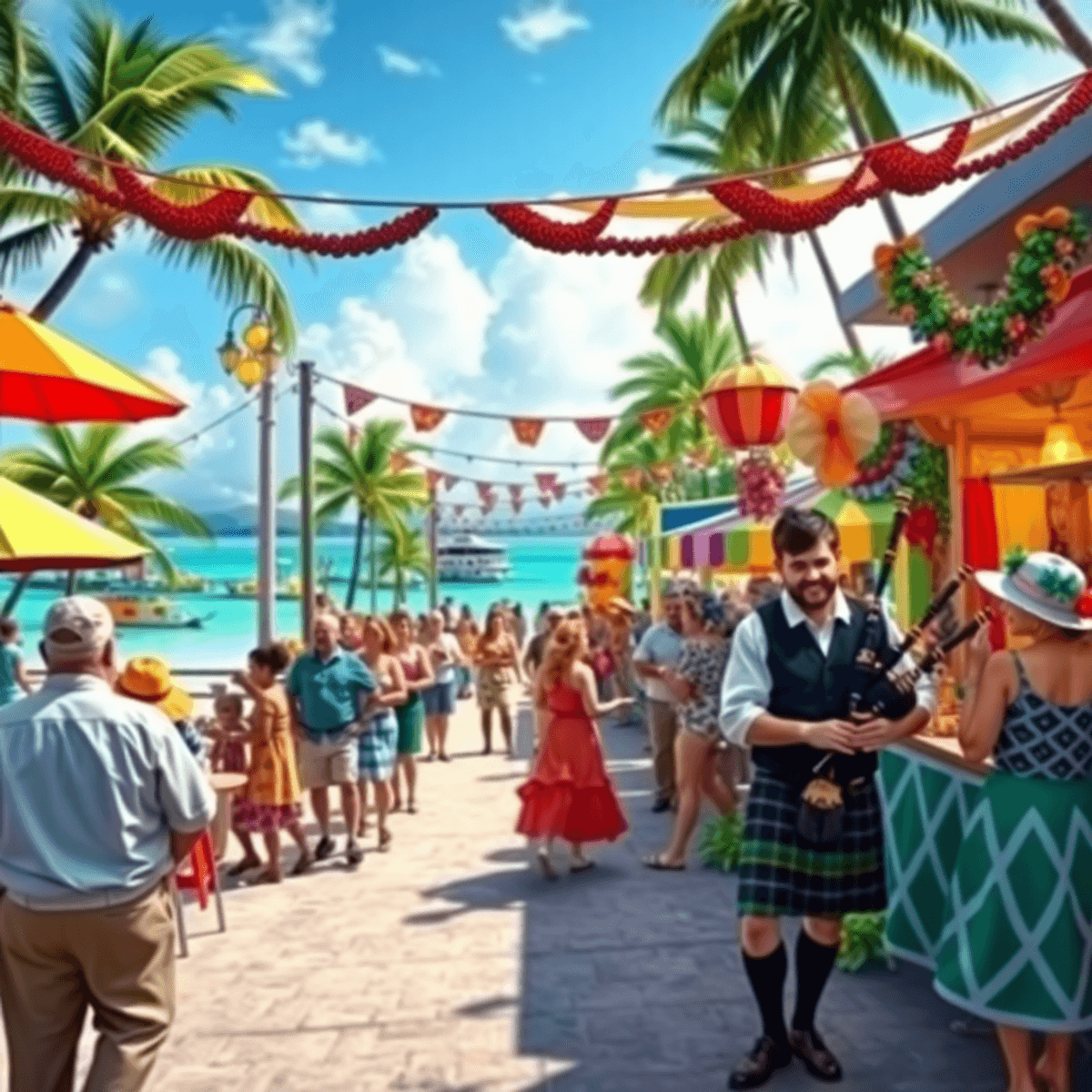 A lively festival in the Florida Keys with colorful decorations, traditional music instruments, food stalls, and dancers in traditional attire agai...