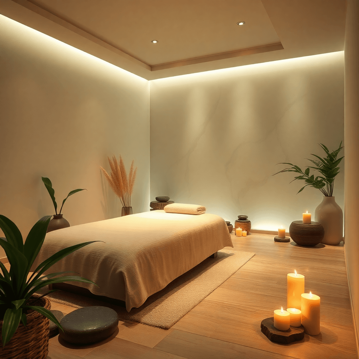 A tranquil massage room with soft lighting, calming colors, plants, stones, candles, and essential oil diffusers, creating a serene spa atmosphere ...