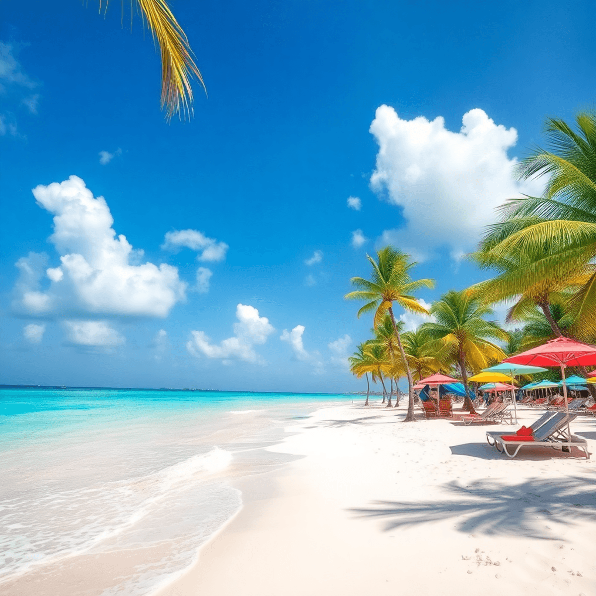 A vibrant beach scene with soft white sands and crystal-clear turquoise waters, tropical palm trees swaying, and colorful beach umbrellas inviting ...