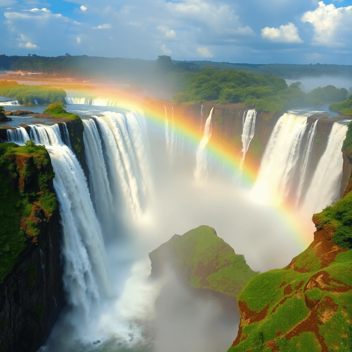 A breathtaking view of Iguazu Falls with powerful cascades, lush greenery, and a vibrant rainbow arching overhead, highlighting the beauty of nature.