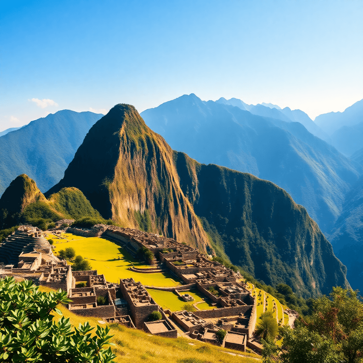 A breathtaking view of Machu Picchu surrounded by lush greenery and towering peaks, under a clear blue sky, highlighting its ancient stone structures.