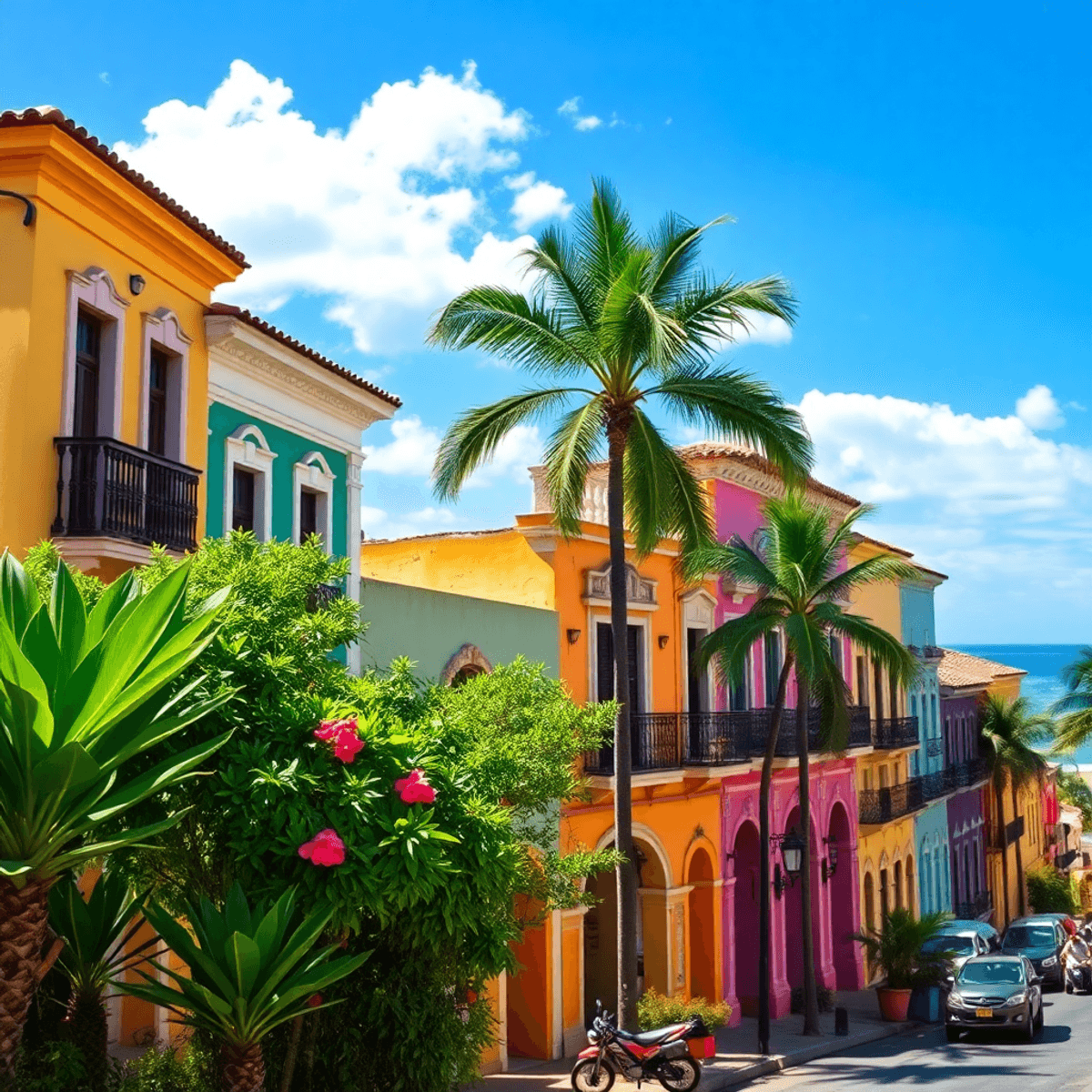 A lively street scene in Cartagena featuring colorful colonial buildings, tropical flowers, and lush greenery under a clear blue sky, with a sunny ...