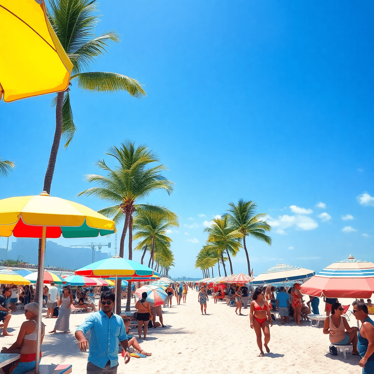A sunny Miami Beach scene with clear blue skies, colorful beach umbrellas, palm trees, and people enjoying the vibrant atmosphere in February.