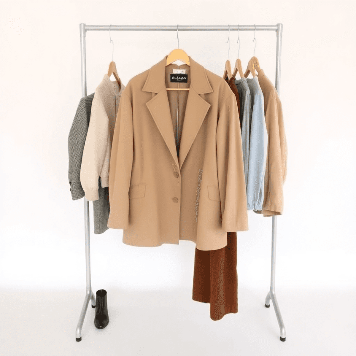 A stylish oversized beige jacket hangs on a minimalist clothing rack, surrounded by various outfit pieces against a soft, neutral background.