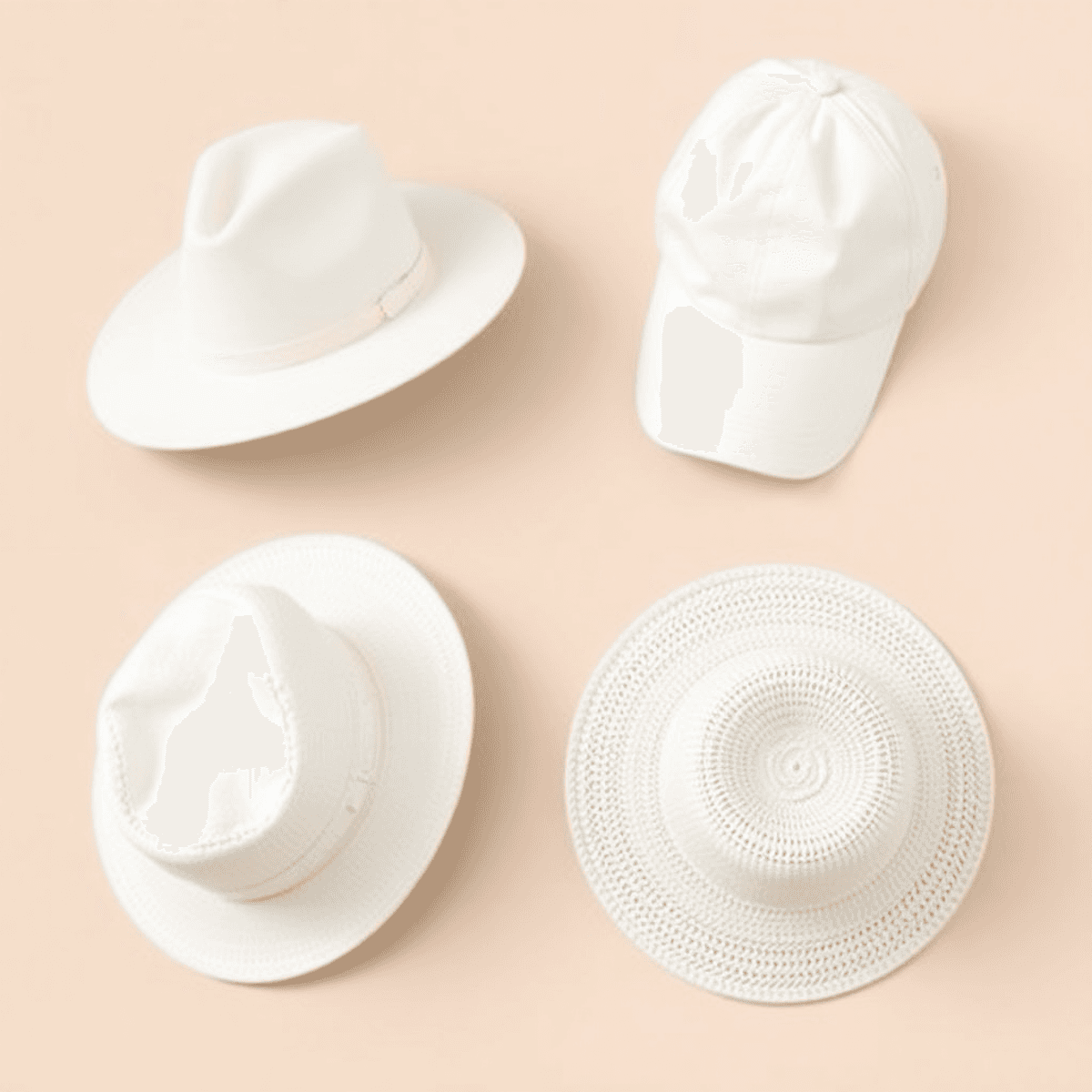 A collection of white women's hats including fedora, baseball cap, bucket hat, and sun hat in various textures like felt, cotton, and straw on a ne...