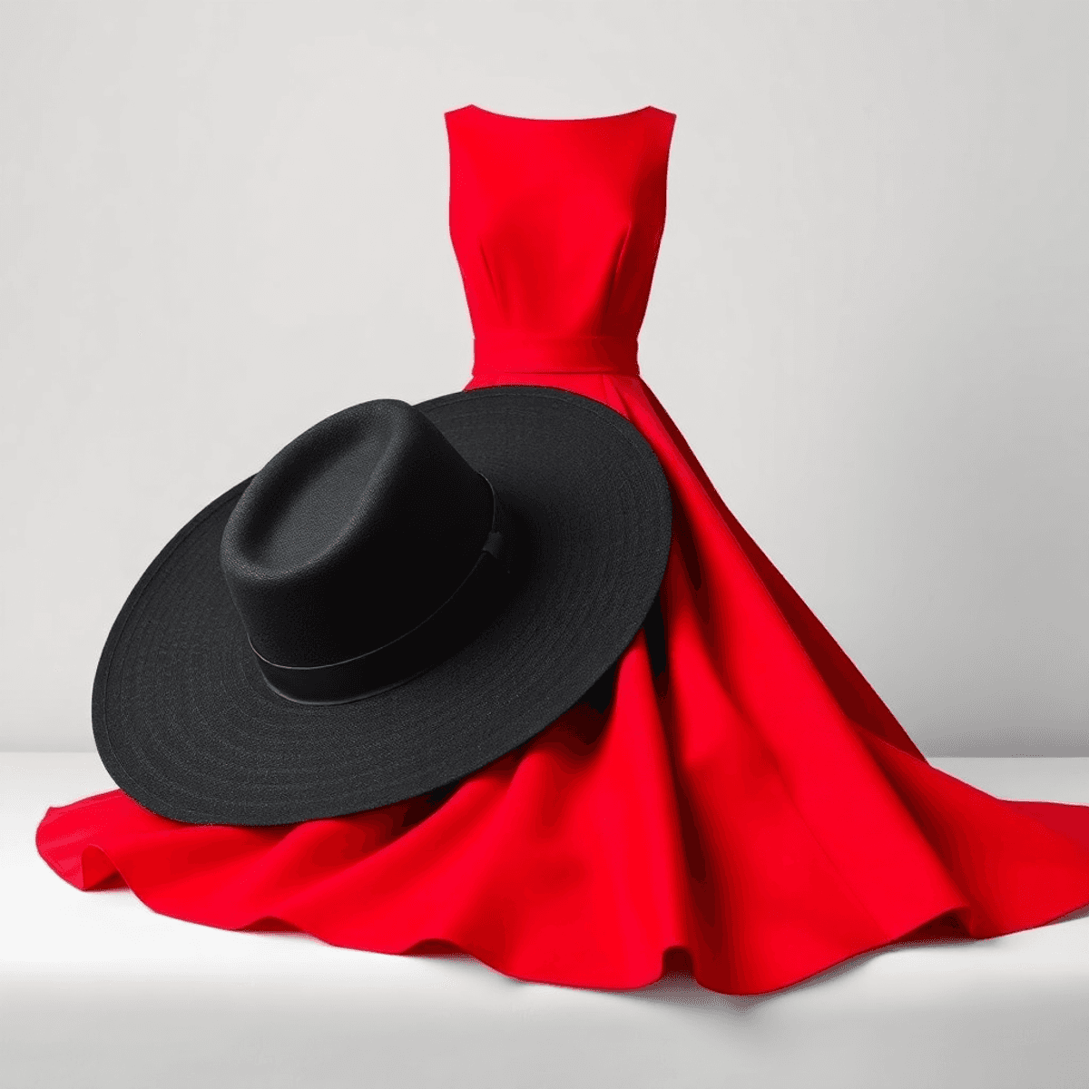 A stylish black hat rests beside a vibrant red dress on a simple background, showcasing bold fashion and the striking contrast between black and red.