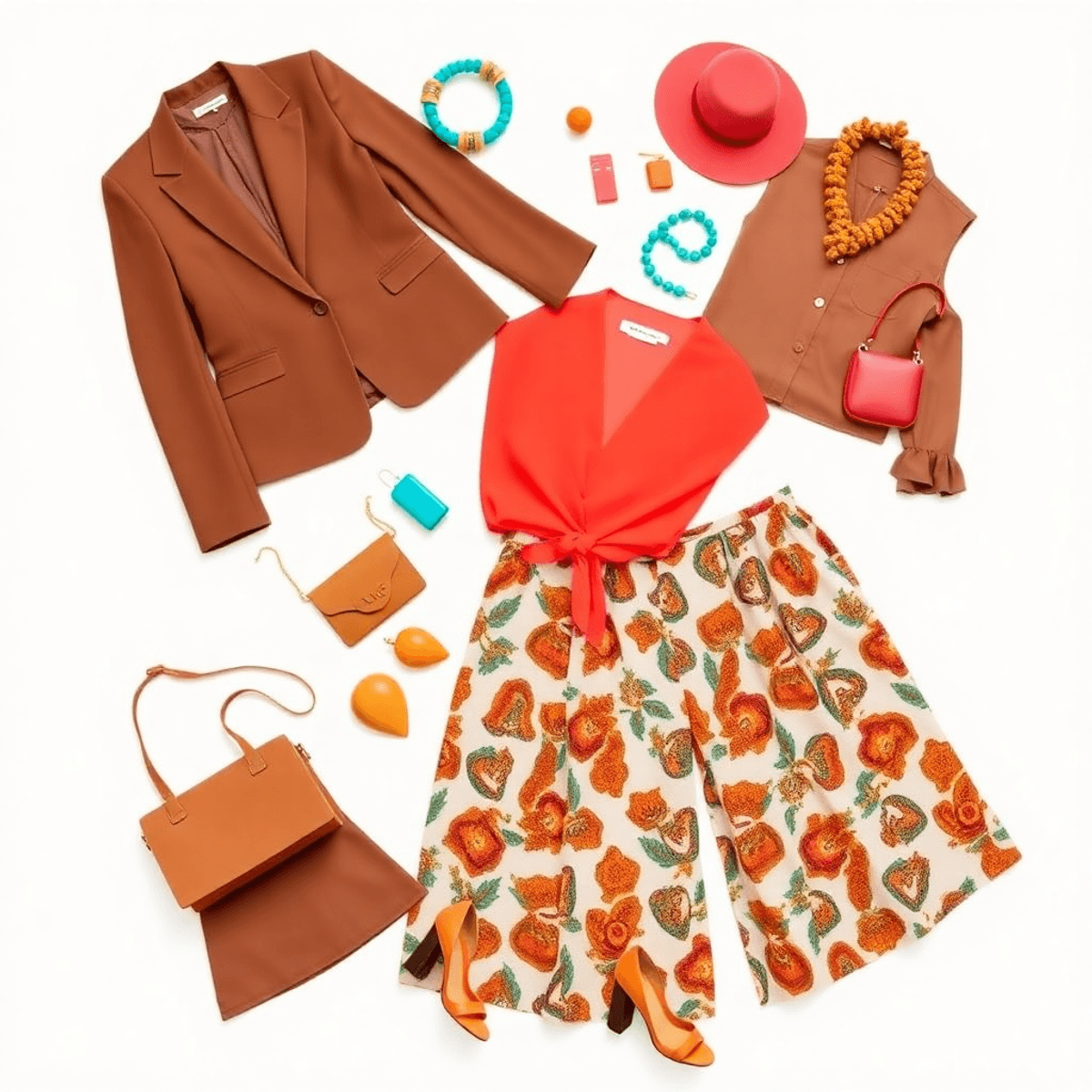 A vibrant flat lay of women's fashion items in soft brown tones, featuring a tailored blazer, bright blouses, bold-patterned skirts, and colorful a...