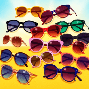 A vibrant display of women's sunglasses in bold colors and elegant styles on a bright summer background with soft sun rays.
