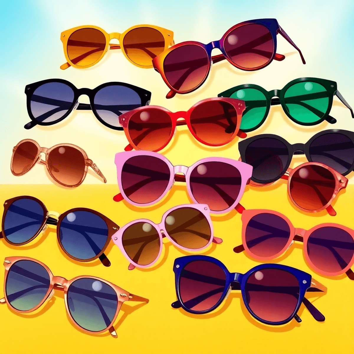A vibrant display of women's sunglasses in bold colors and elegant styles on a bright summer background with soft sun rays.
