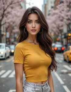 My outfit in a gold summer t-shirt stands outdoors in a brilliant day