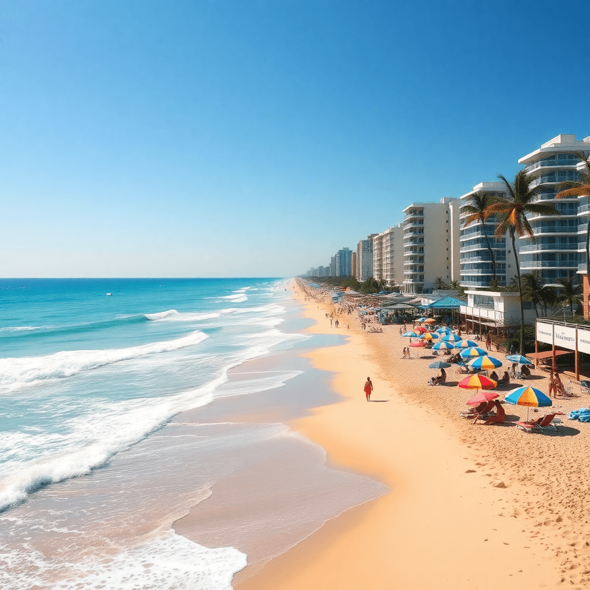Sunny Miami beach with turquoise waves, golden sand, colorful umbrellas, and people enjoying a vibrant summer day under a clear blue sky.