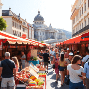 A lively summer street festival in Budapest with colorful stalls, traditional crafts, crowds enjoying music and food by the Danube River on a sunny...