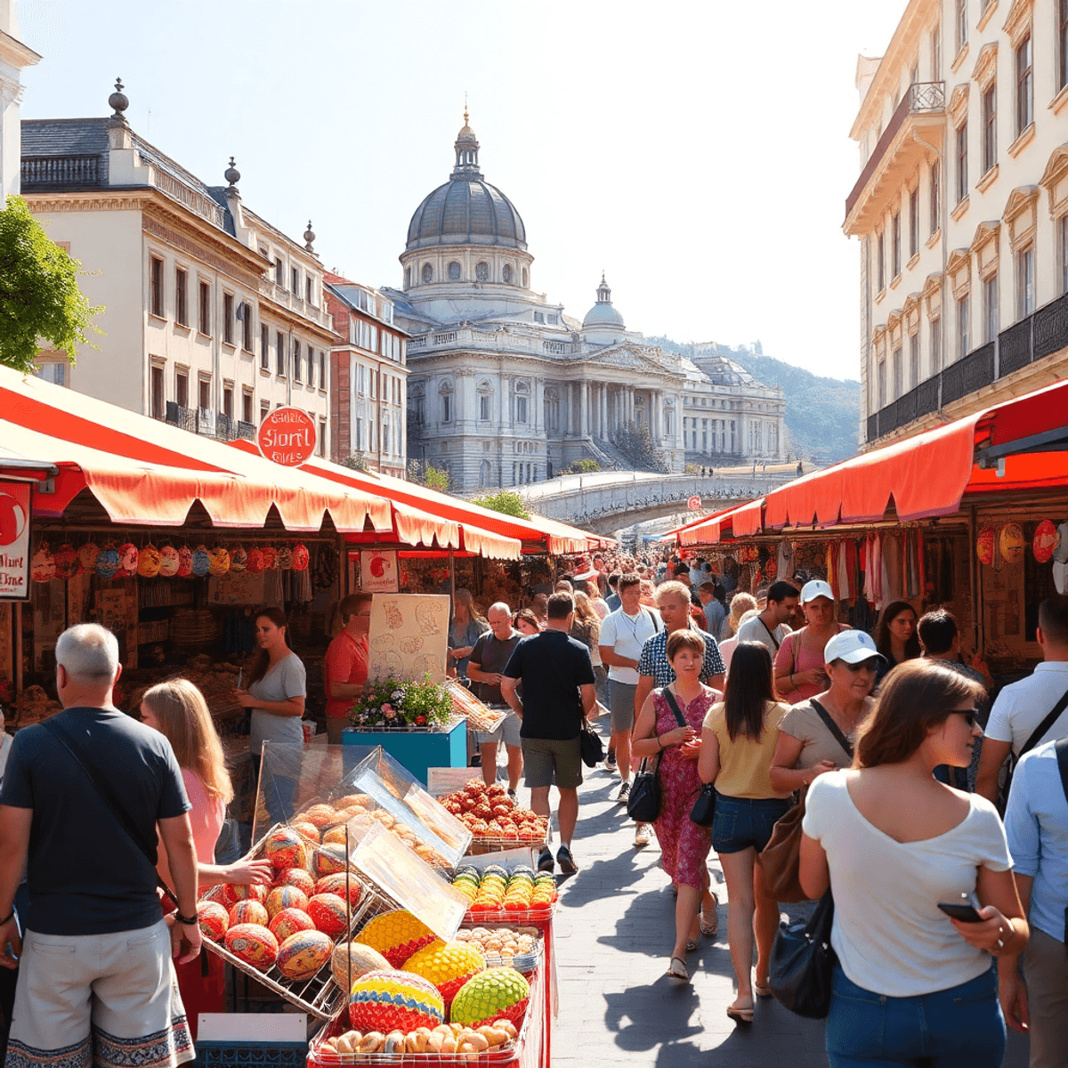 A lively summer street festival in Budapest with colorful stalls, traditional crafts, crowds enjoying music and food by the Danube River on a sunny...