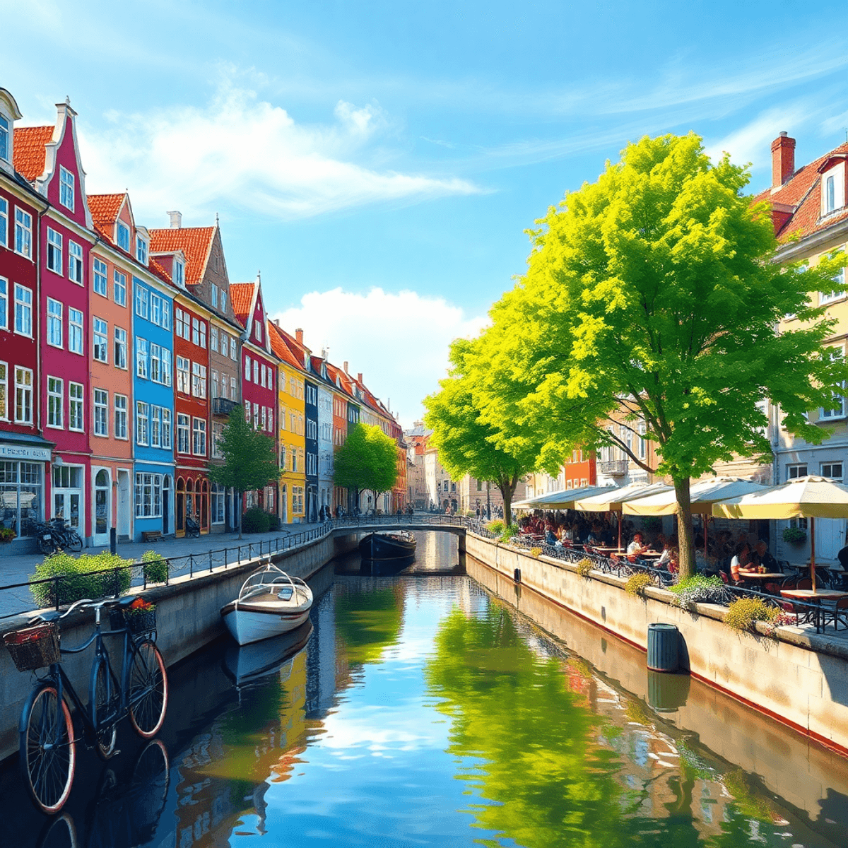 Colorful canal houses in Copenhagen with bicycles, sunlit outdoor cafés, lush green trees, and a clear blue sky in a vibrant summer scene.