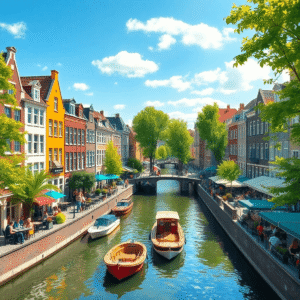 Sunny summer day in Amsterdam with colorful canal houses, boats on the water, green trees, and people at outdoor cafes along the lively canal.