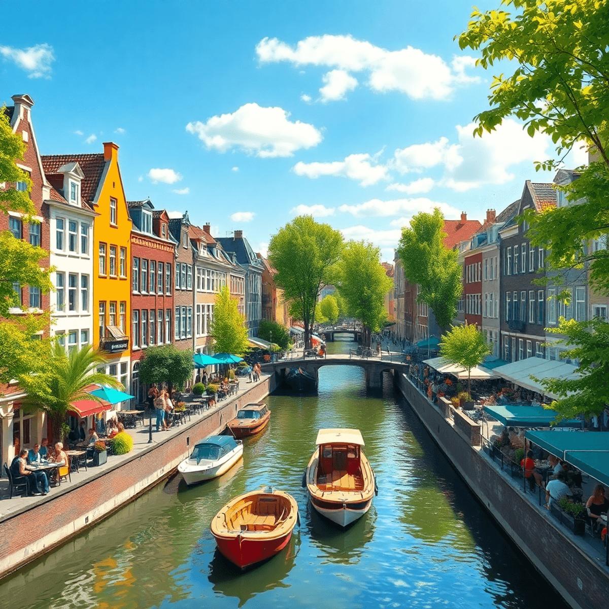 Sunny summer day in Amsterdam with colorful canal houses, boats on the water, green trees, and people at outdoor cafes along the lively canal.