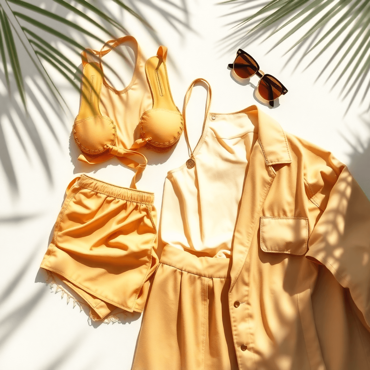 Flat lay of a bright summer outfit with gold clothing, chic sunglasses, and an oversized beige jacket on a sunlit background with palm leaves and s...