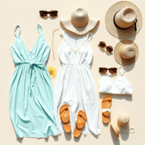 Flat lay of bright summer clothes including light dresses, sunglasses, sandals, and hats on a neutral background with a sunny, beach-inspired vibe.
