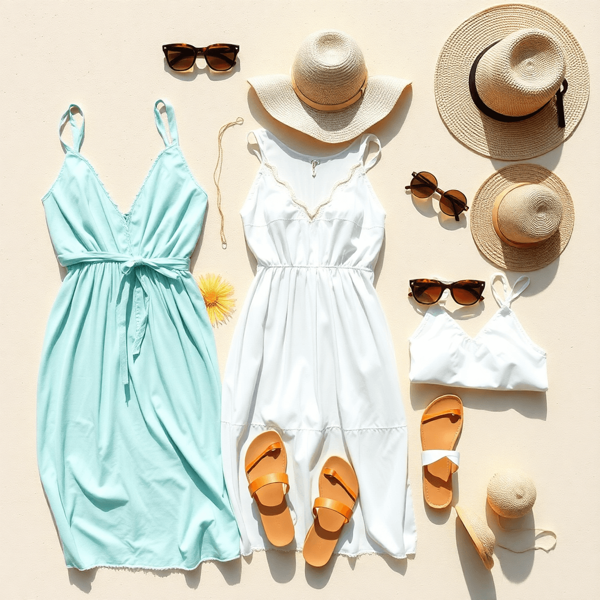 Flat lay of bright summer clothes including light dresses, sunglasses, sandals, and hats on a neutral background with a sunny, beach-inspired vibe.