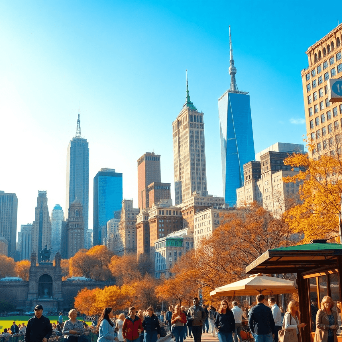 New York City skyline in early autumn with skyscrapers, Central Park's fall foliage, clear blue sky, and people enjoying outdoor activities on a su...