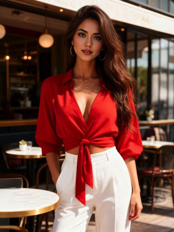 Taylor square medium shot wears a red wrap blouse tied at the waist with high-waisted white trousers and sandals