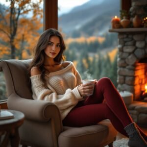Wearing a fall outfit in a lodge