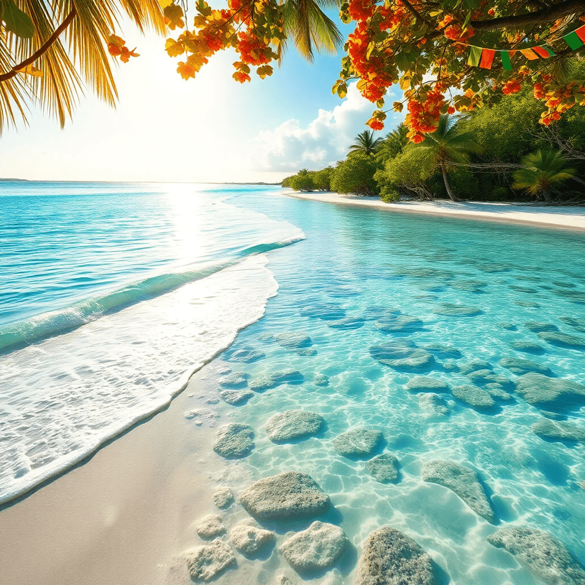 Tropical beach in the Florida Keys with turquoise waters, white sand, coral reefs, green mangroves, colorful festive decorations, and a warm sunny … Tropical beach in the Florida Keys with turquoise waters, white sand, coral reefs, green mangroves, colorful festive decorations, and a warm sunny ...